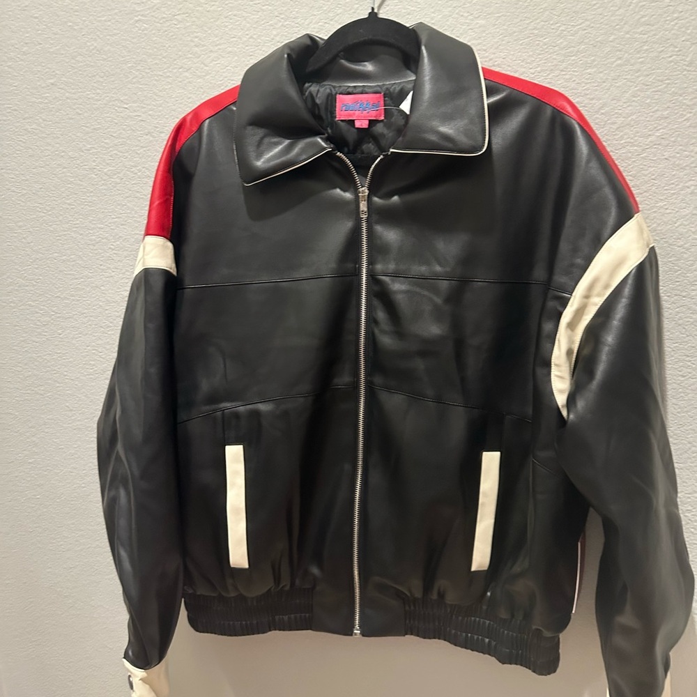 Radikkal Black Red Faux Leather Racing Jacket 80 Star Back Size L NWT